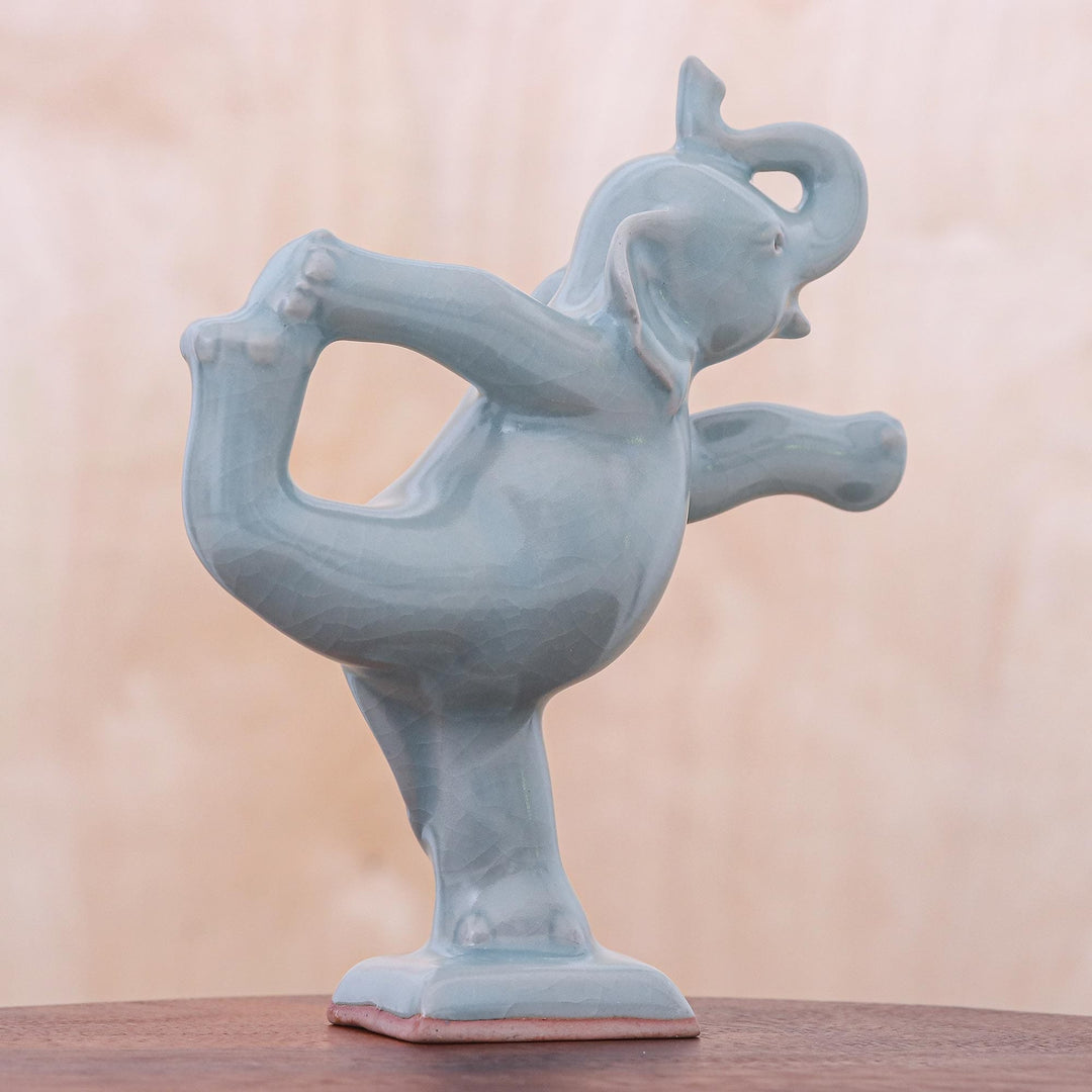 Handmade Ceramic Elephant Yoga-Themed Figurine - Elephant Mountain Pose