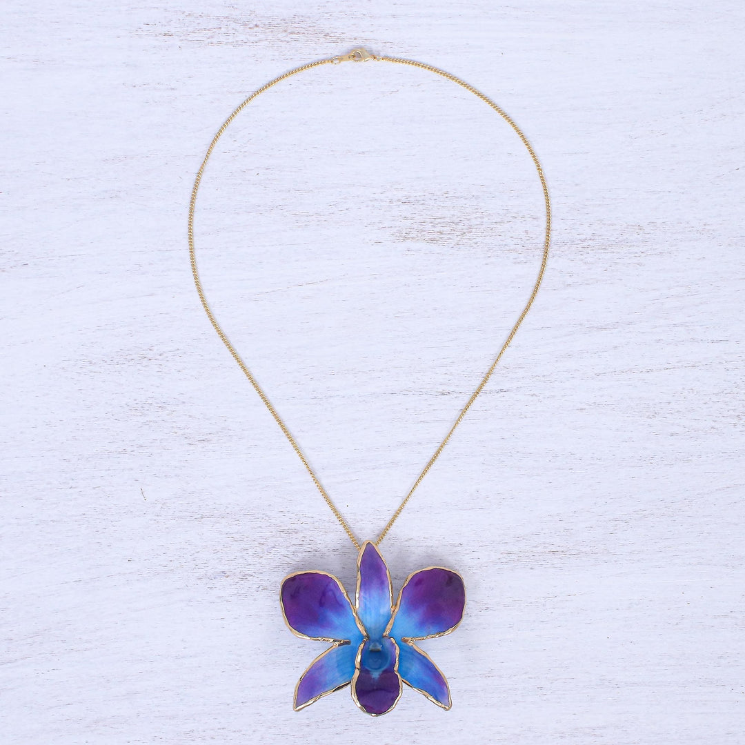 Gold-Plated Blue Orchid Petal Pendant Necklace and Brooch - Orchid Magic in Blue
