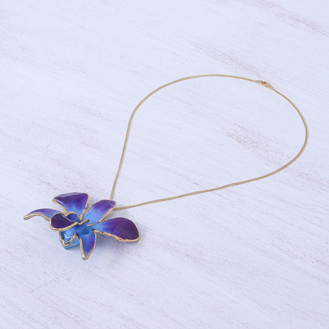 Gold-Plated Blue Orchid Petal Pendant Necklace and Brooch - Orchid Magic in Blue