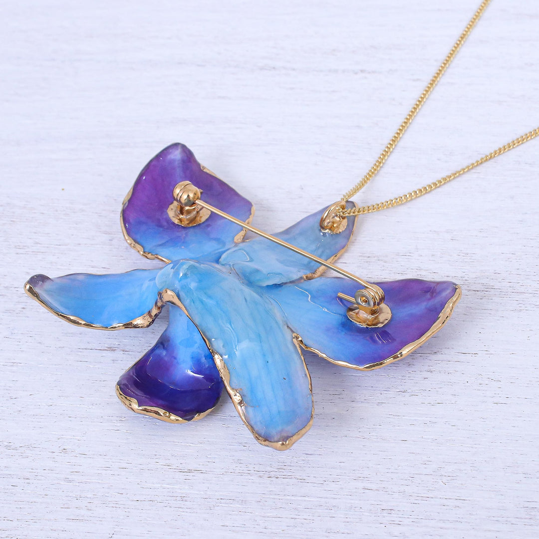 Gold-Plated Blue Orchid Petal Pendant Necklace and Brooch - Orchid Magic in Blue
