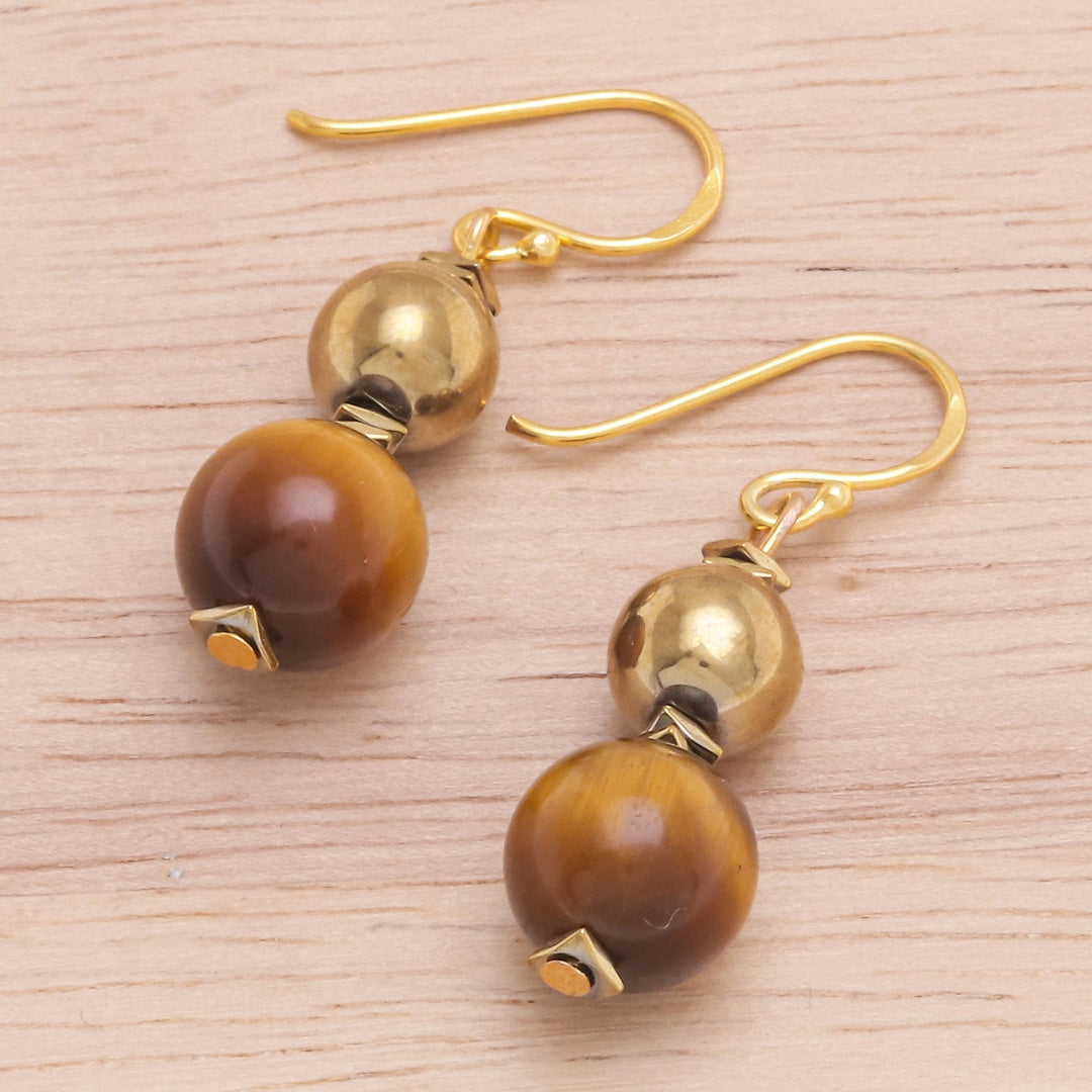Gold-Plated Tiger's Eye and Hematite Dangle Earrings - Tiger Charm