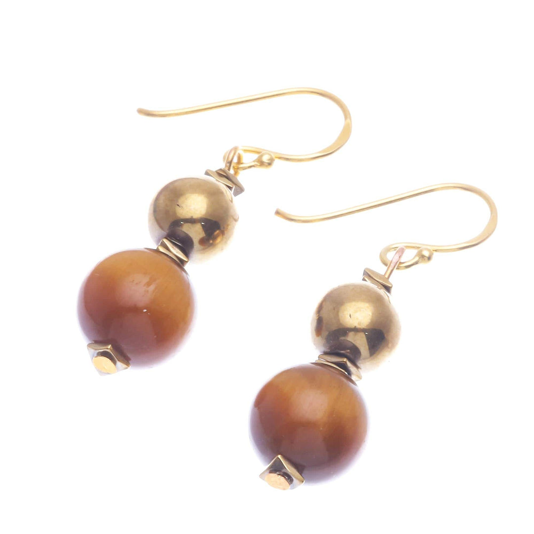Gold-Plated Tiger's Eye and Hematite Dangle Earrings - Tiger Charm