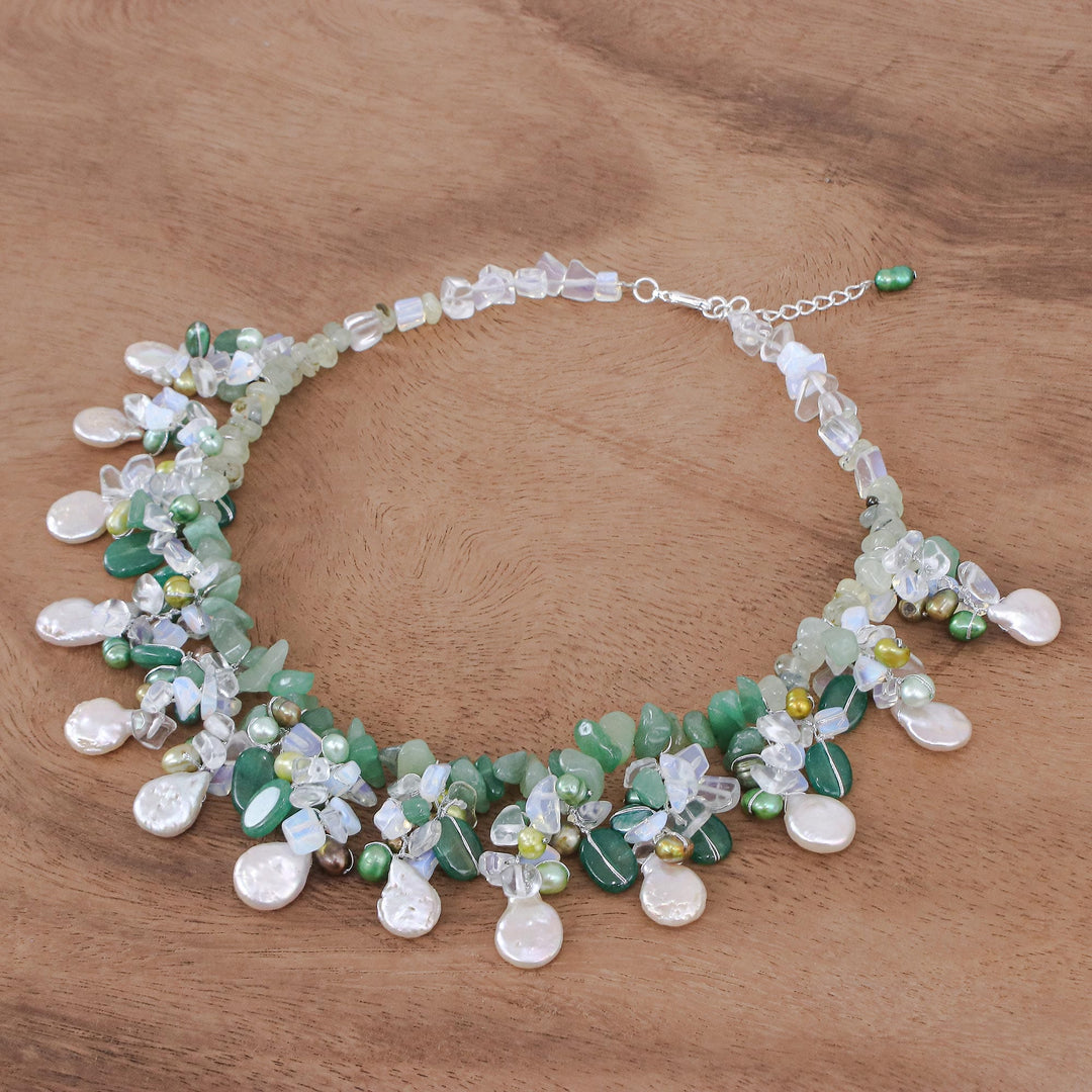 Rainbow Moonstone and Cultured Pearl Waterfall Necklace - Underwater Kiss