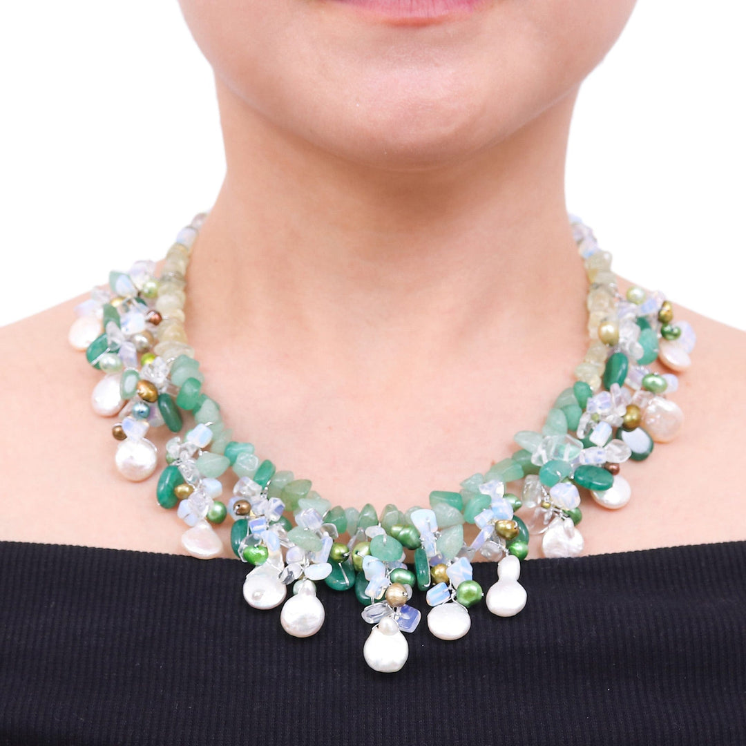 Rainbow Moonstone and Cultured Pearl Waterfall Necklace - Underwater Kiss