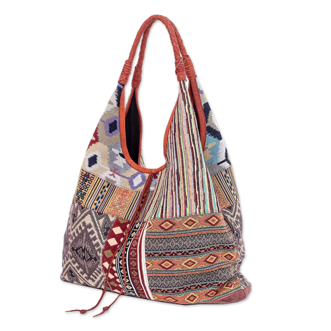 Leather Accented Cotton Blend Hobo Handbag - Warm Geometry