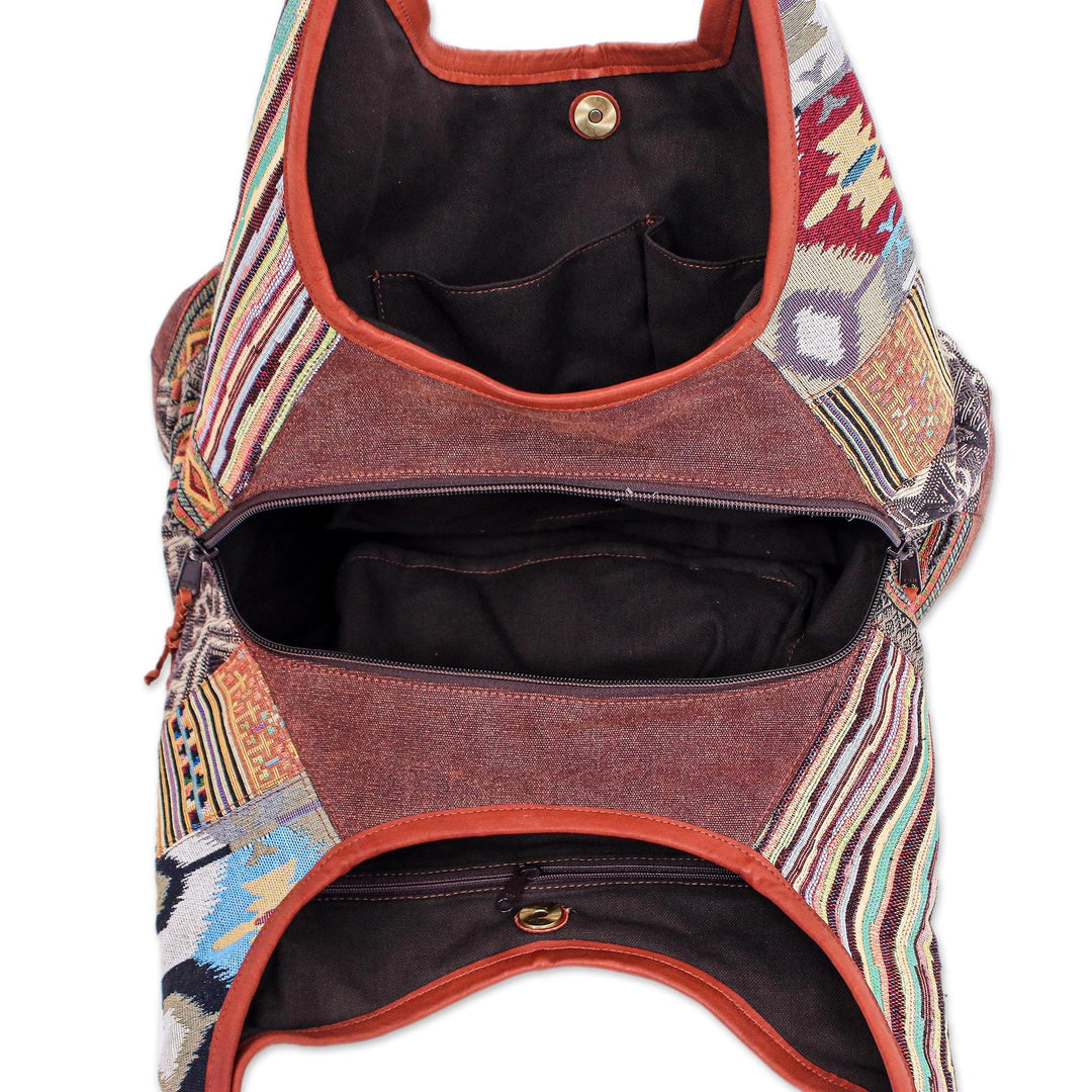 Leather Accented Cotton Blend Hobo Handbag - Warm Geometry