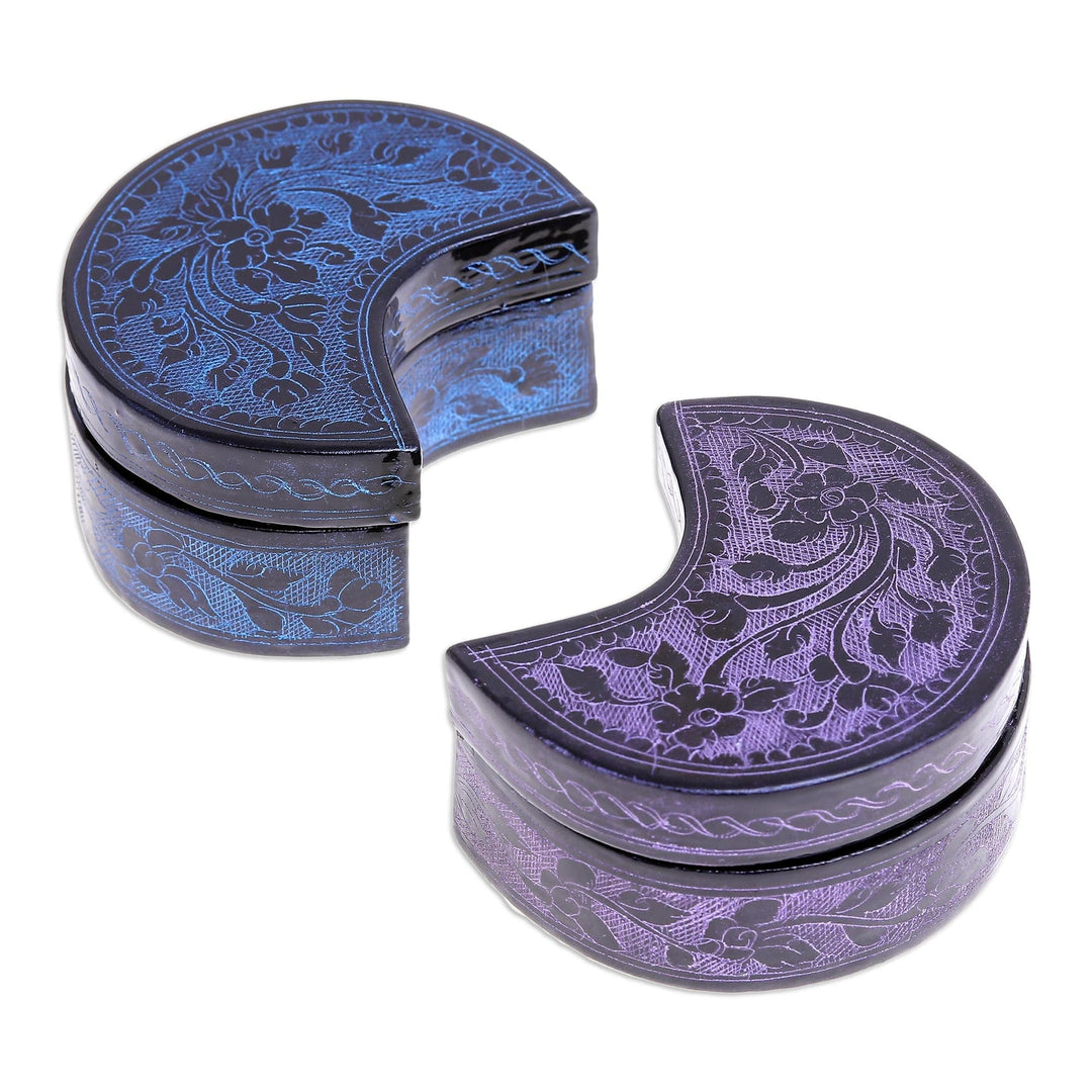 Blue and Purple Decorative Lacquerware Wood Boxes (Pair) - Crescent Dream in Midnight