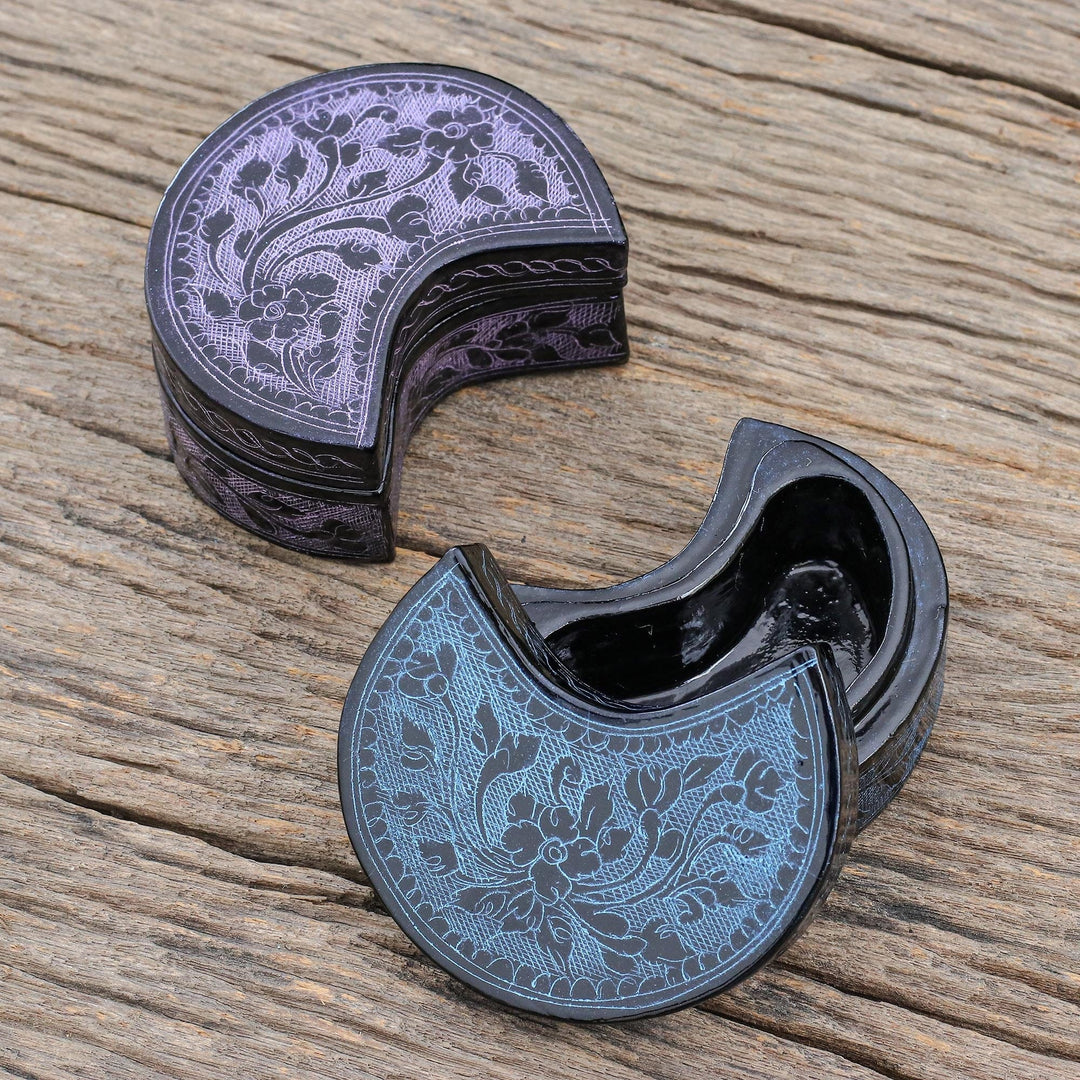 Blue and Purple Decorative Lacquerware Wood Boxes (Pair) - Crescent Dream in Midnight