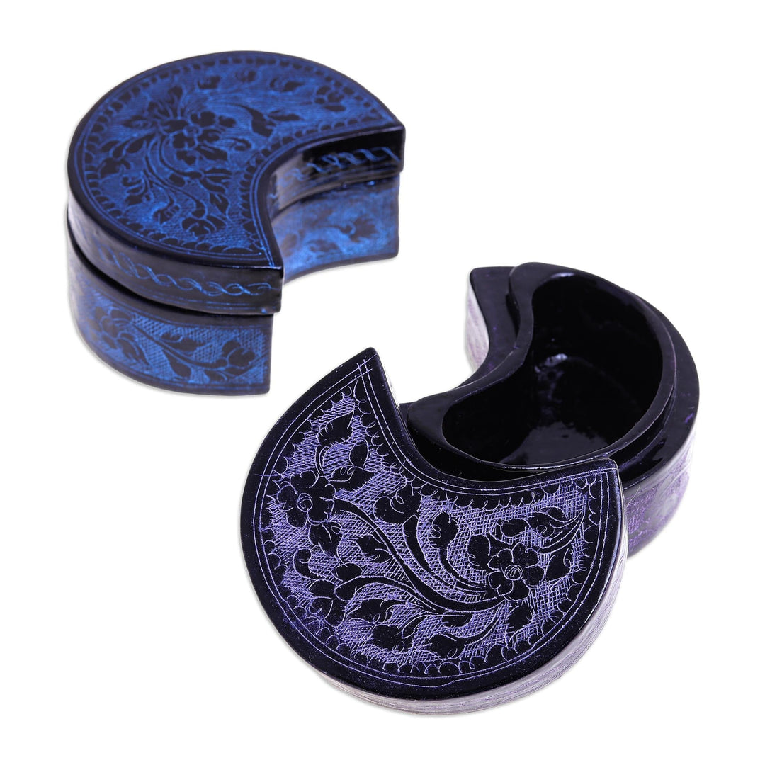 Blue and Purple Decorative Lacquerware Wood Boxes (Pair) - Crescent Dream in Midnight