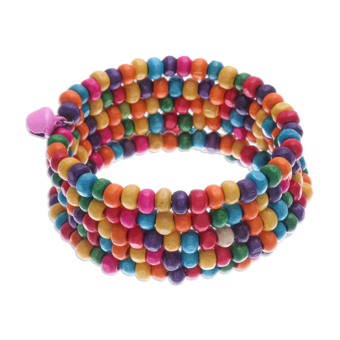 Multicolor Wood Beaded Wrap Bracelet with Bells (1.5 In) - Bubblegum Spin