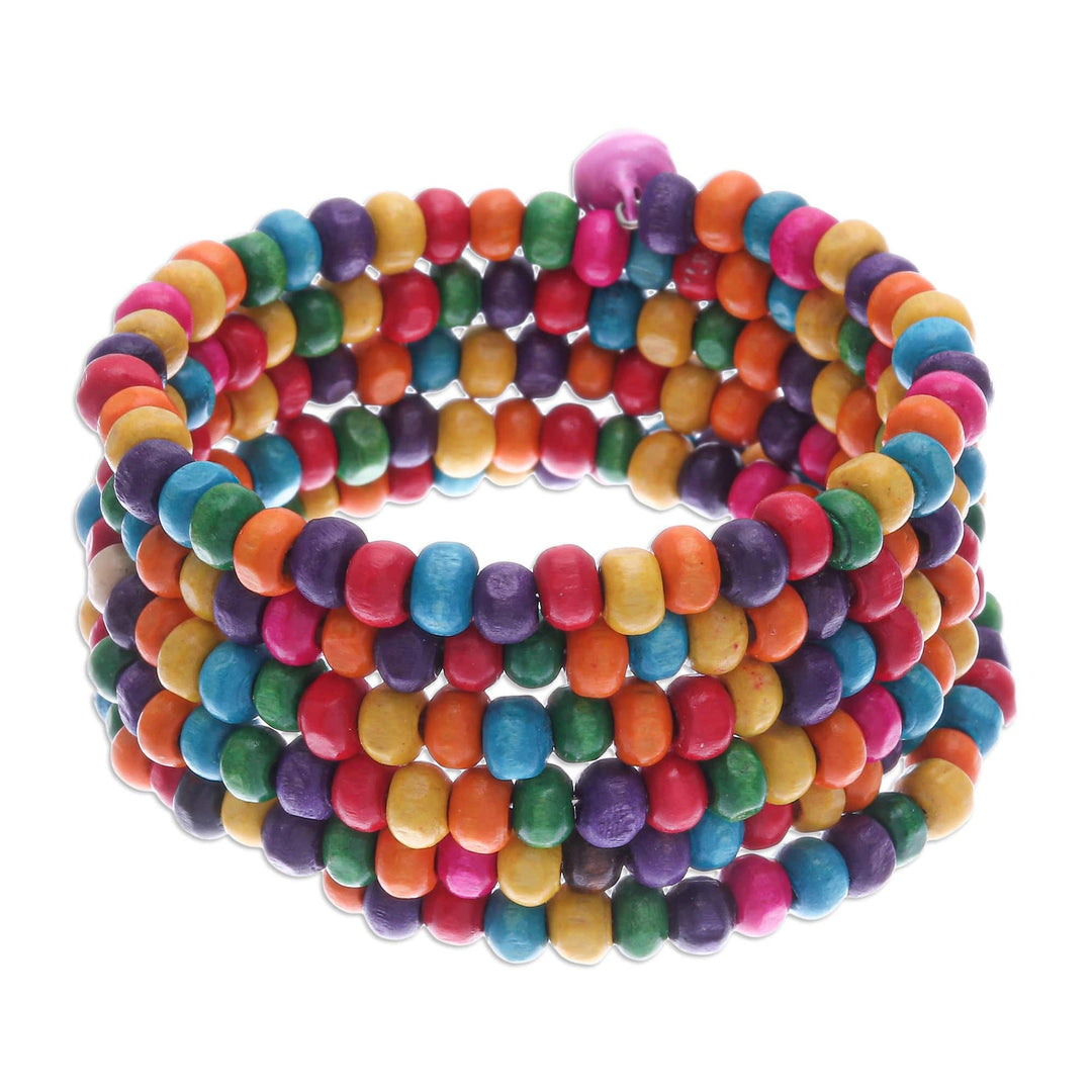 Multicolor Wood Beaded Wrap Bracelet with Bells (1.5 In) - Bubblegum Spin
