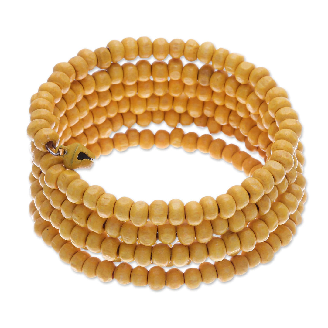 Yellow Beaded Wood Wrap Bracelet with Bells (1 In) - Sunshine Spin