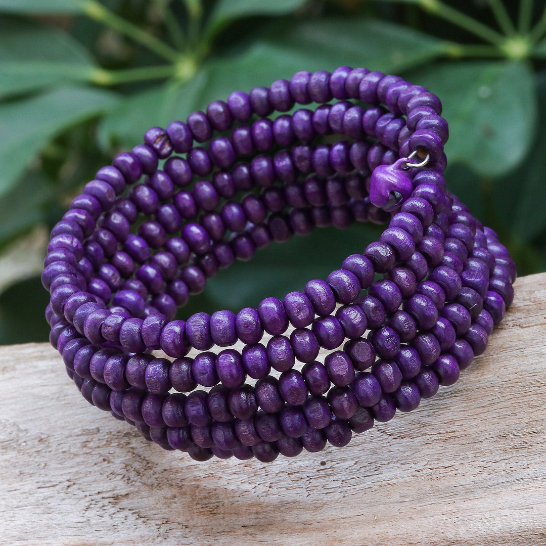 Purple Beaded Wood Wrap Bracelet with Bells (1 In) - Purple Spin