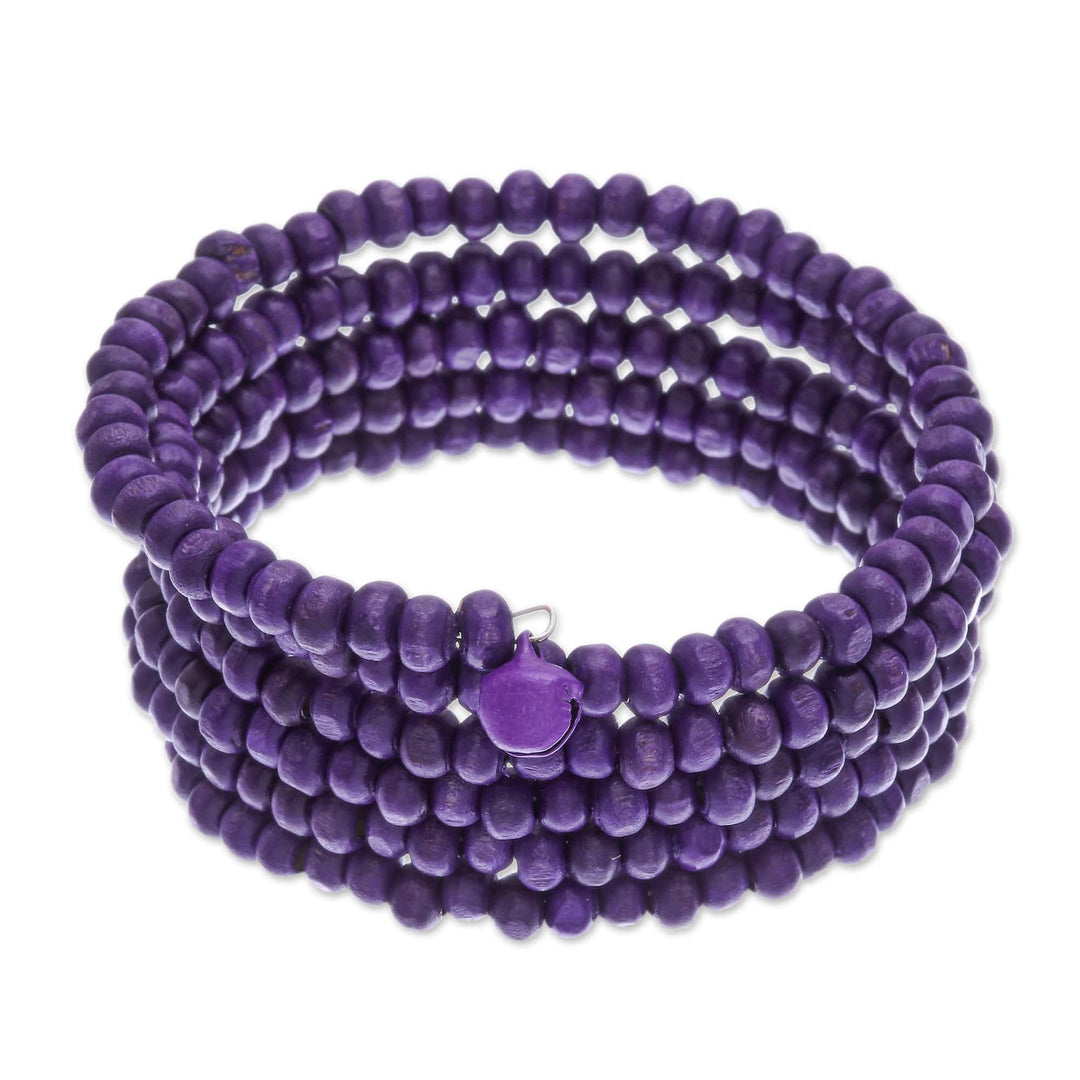 Purple Beaded Wood Wrap Bracelet with Bells (1 In) - Purple Spin
