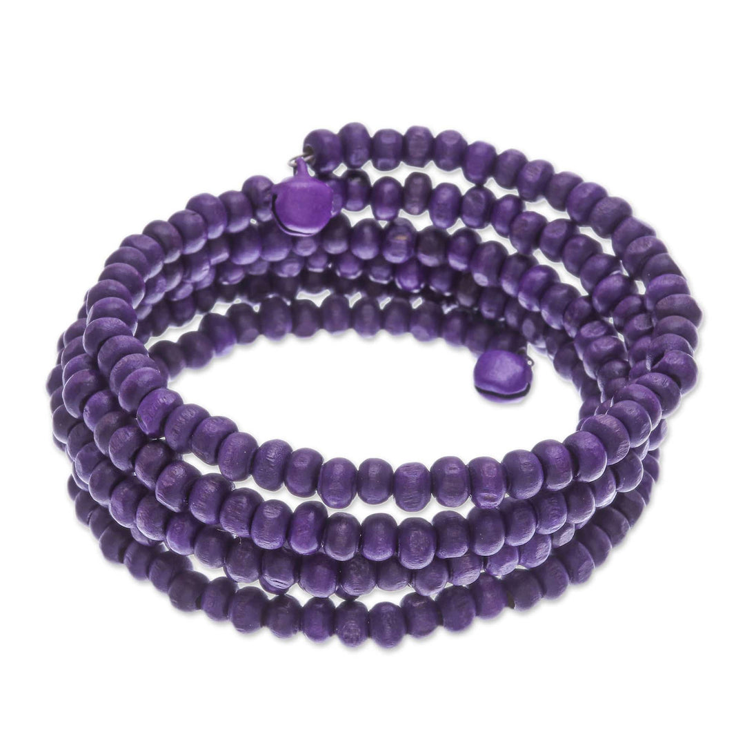 Purple Beaded Wood Wrap Bracelet with Bells (1 In) - Purple Spin