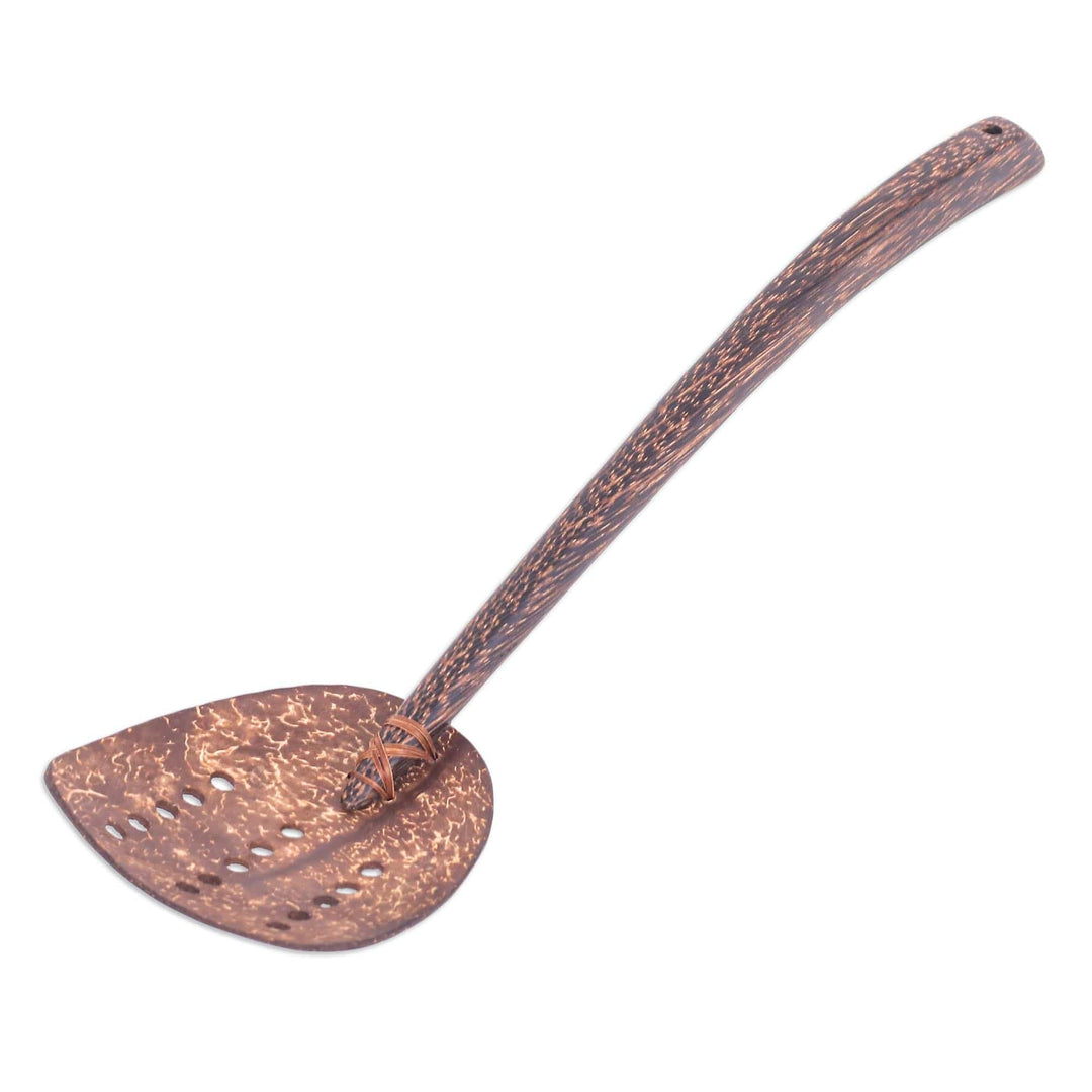 Handcrafted Coconut Shell and Wood Slotted Spatula with Dots - Cooking Dots