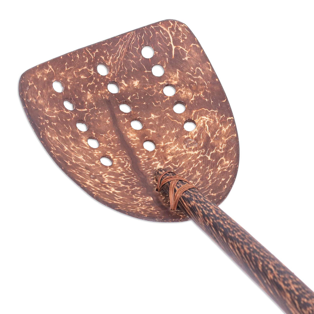 Handcrafted Coconut Shell and Wood Slotted Spatula with Dots - Cooking Dots