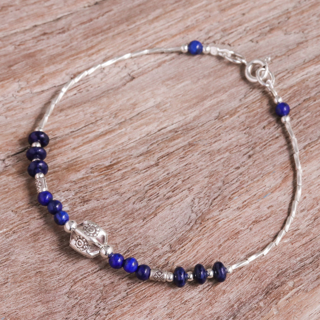 Lapis Lazuli and Silver Beaded Bracelet with Hexagon Pendant - Blue Hexagon