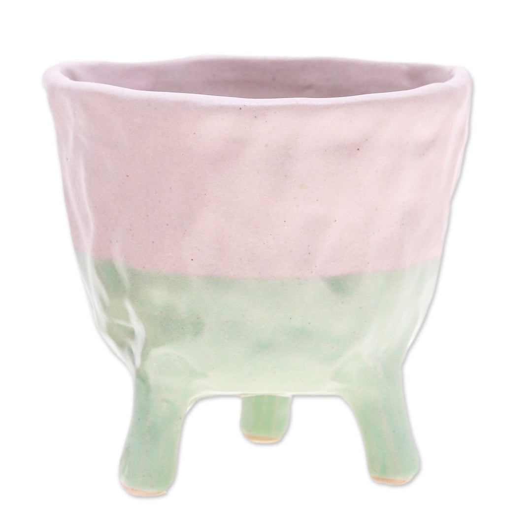 Hand-Painted Ceramic Flower Pot in Pink and Green Tones - Pink Roots