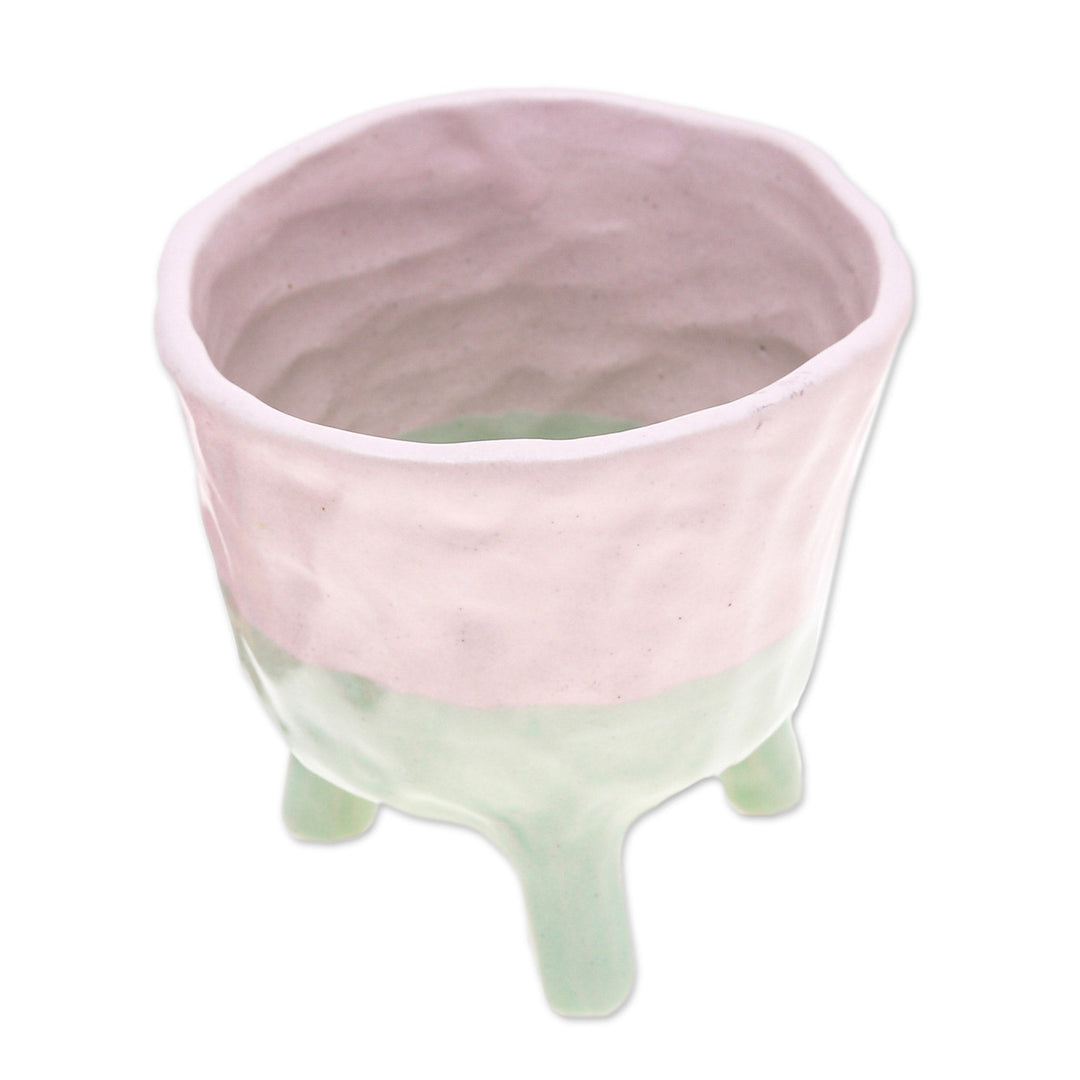 Hand-Painted Ceramic Flower Pot in Pink and Green Tones - Pink Roots