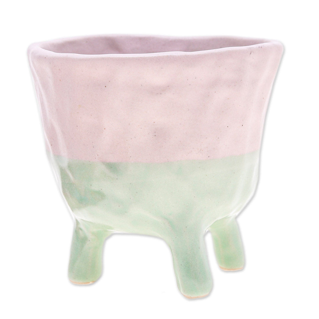 Hand-Painted Ceramic Flower Pot in Pink and Green Tones - Pink Roots