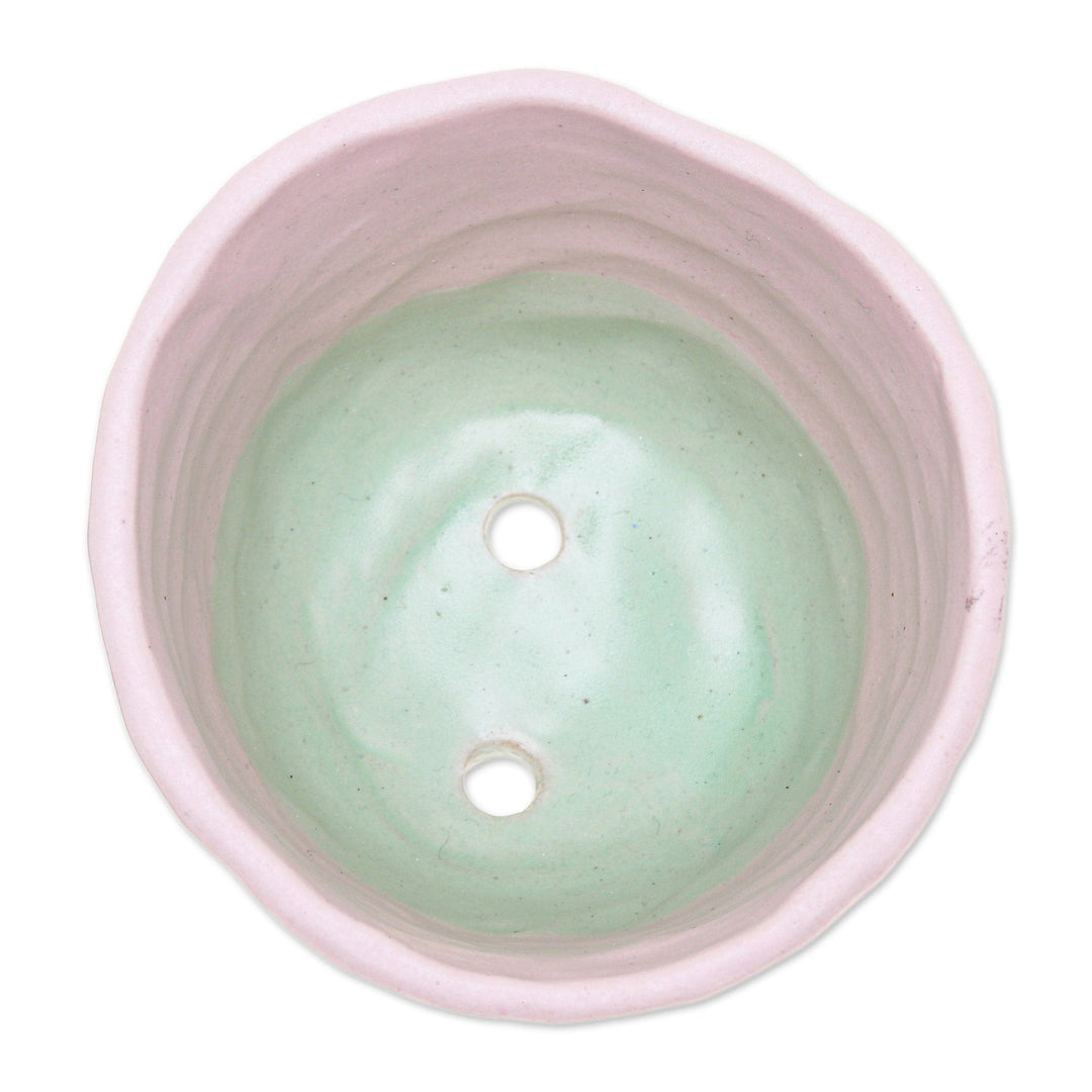 Hand-Painted Ceramic Flower Pot in Pink and Green Tones - Pink Roots