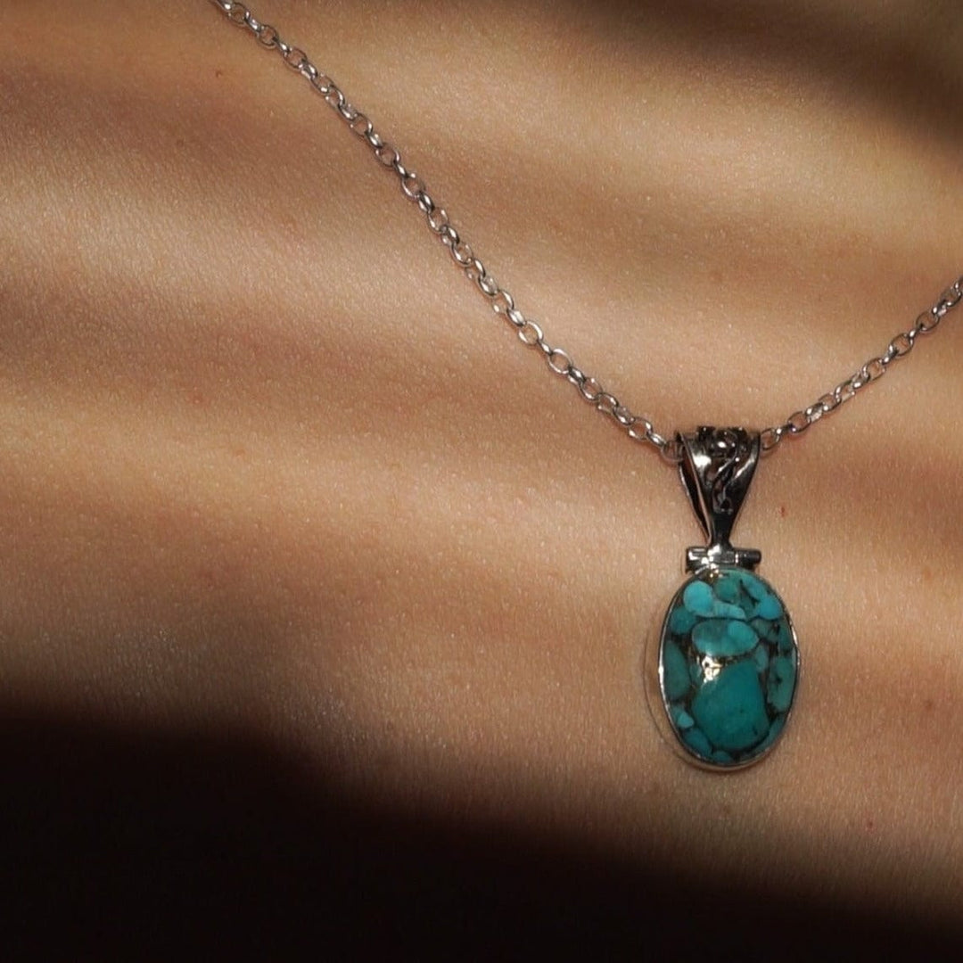 Blue Turquoise Sterling Silver Pendant Necklace India - Mystical Blue