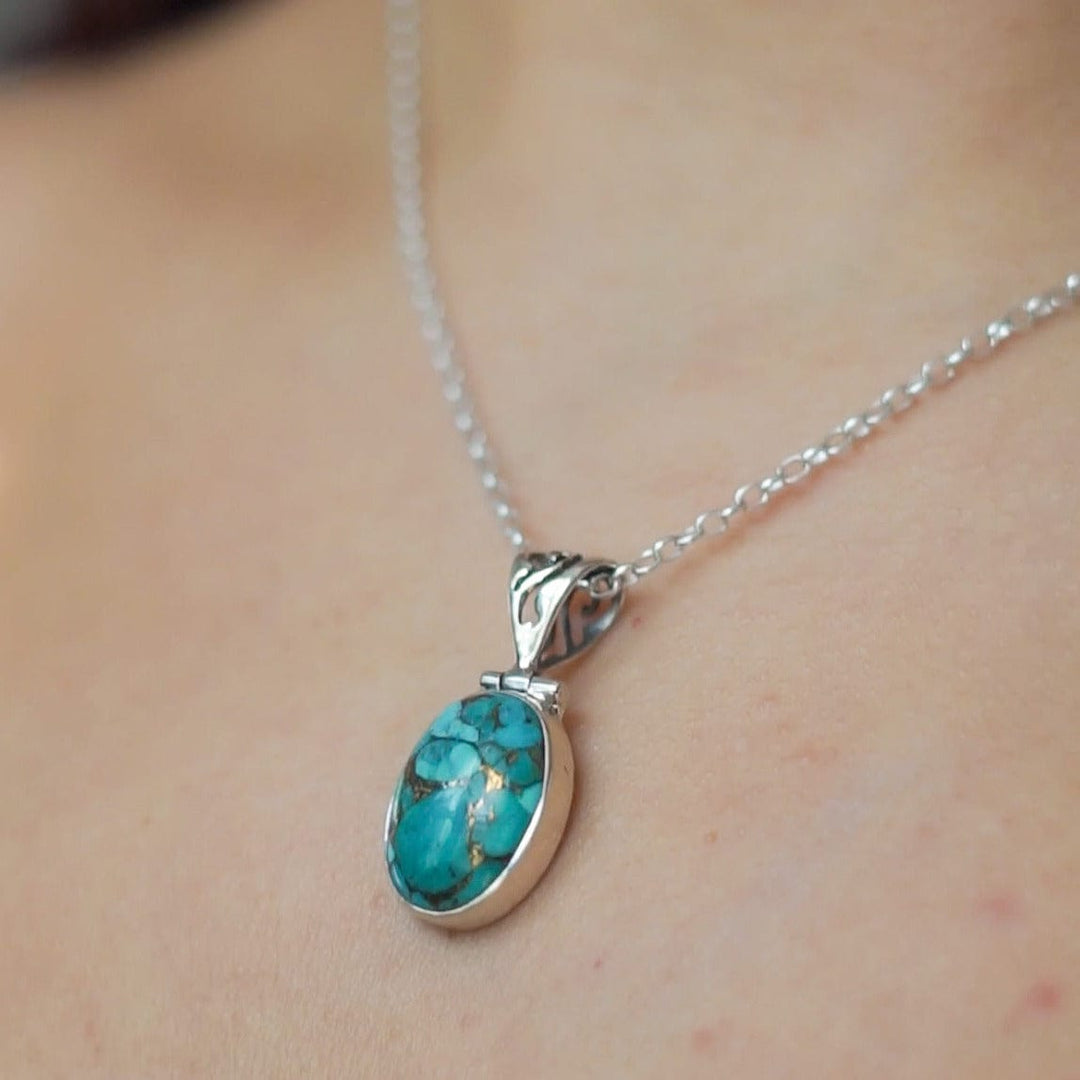 Blue Turquoise Sterling Silver Pendant Necklace India - Mystical Blue