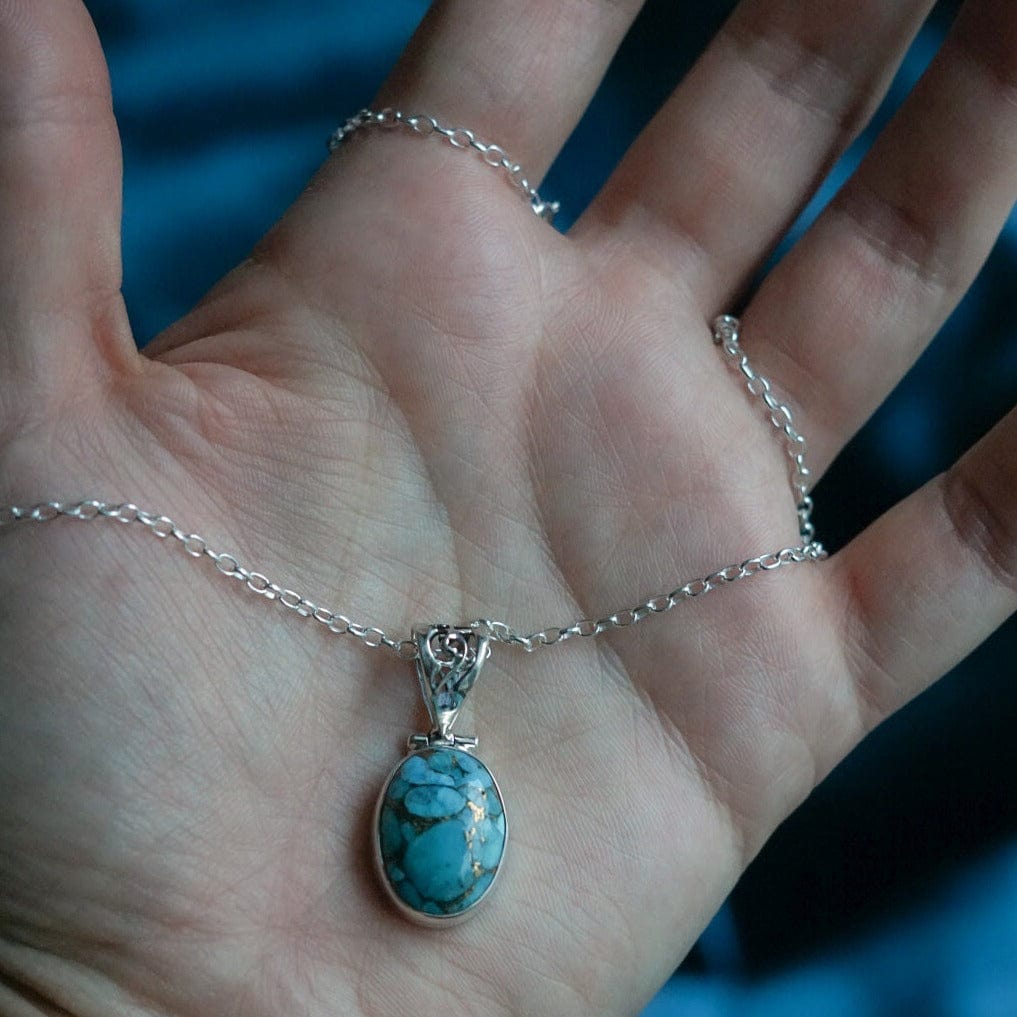 Blue Turquoise Sterling Silver Pendant Necklace India - Mystical Blue