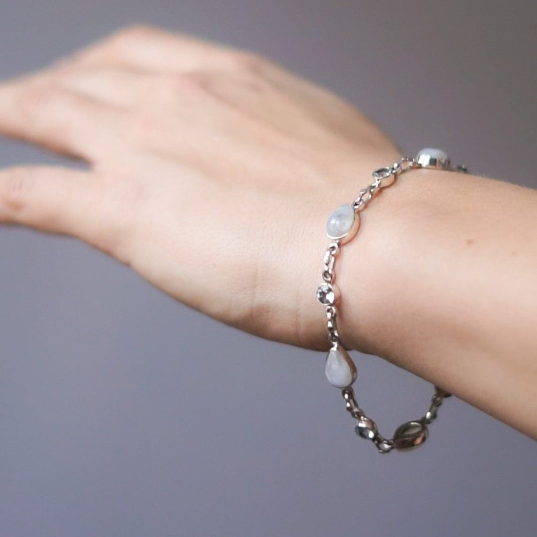 Blue Topaz and Rainbow Moonstone Gemstone Station Bracelet - Misty Sky