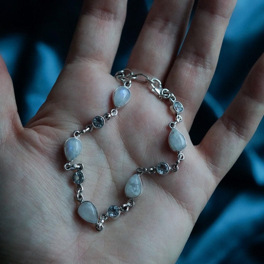 Blue Topaz and Rainbow Moonstone Gemstone Station Bracelet - Misty Sky