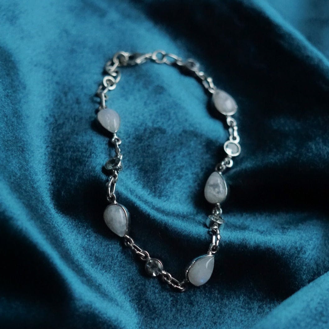 Blue Topaz and Rainbow Moonstone Gemstone Station Bracelet - Misty Sky