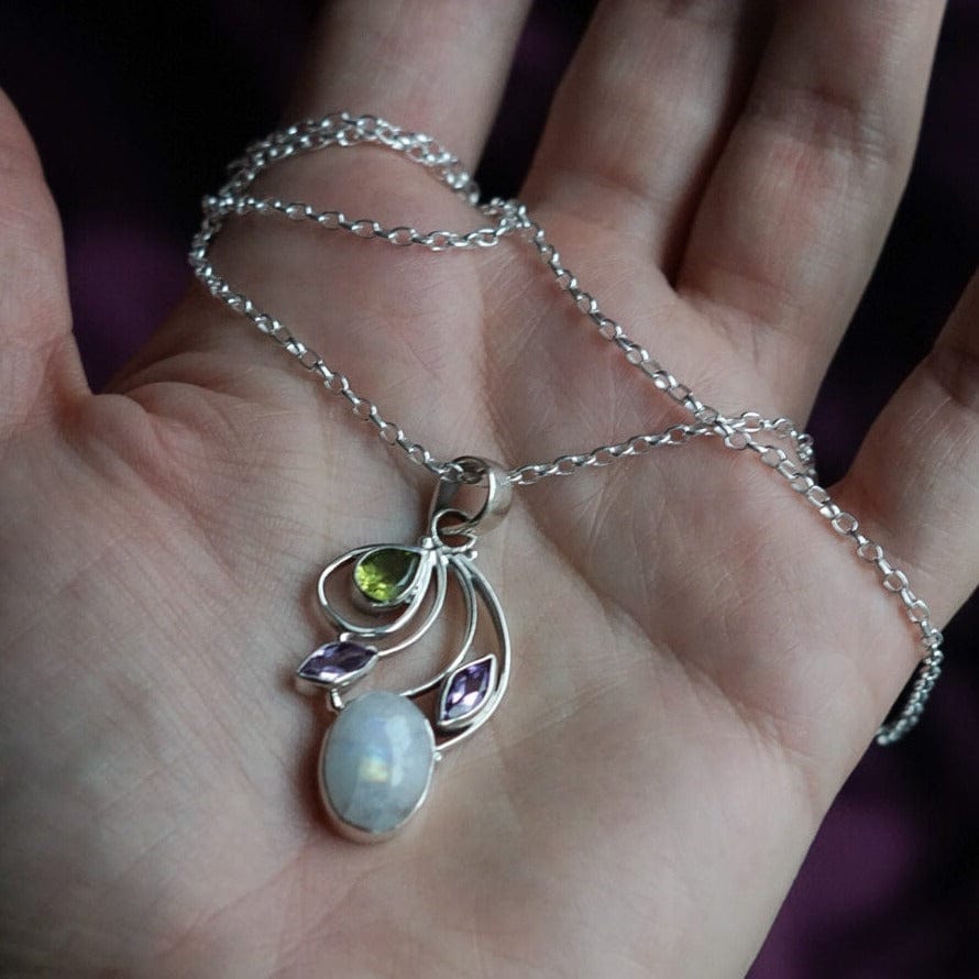 Multi-Gem Peridot Amethyst and Rainbow Moonstone Necklace - Majestic Harmony