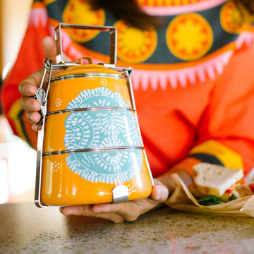 Stacked Handpainted Tiffin - Orange with Teal