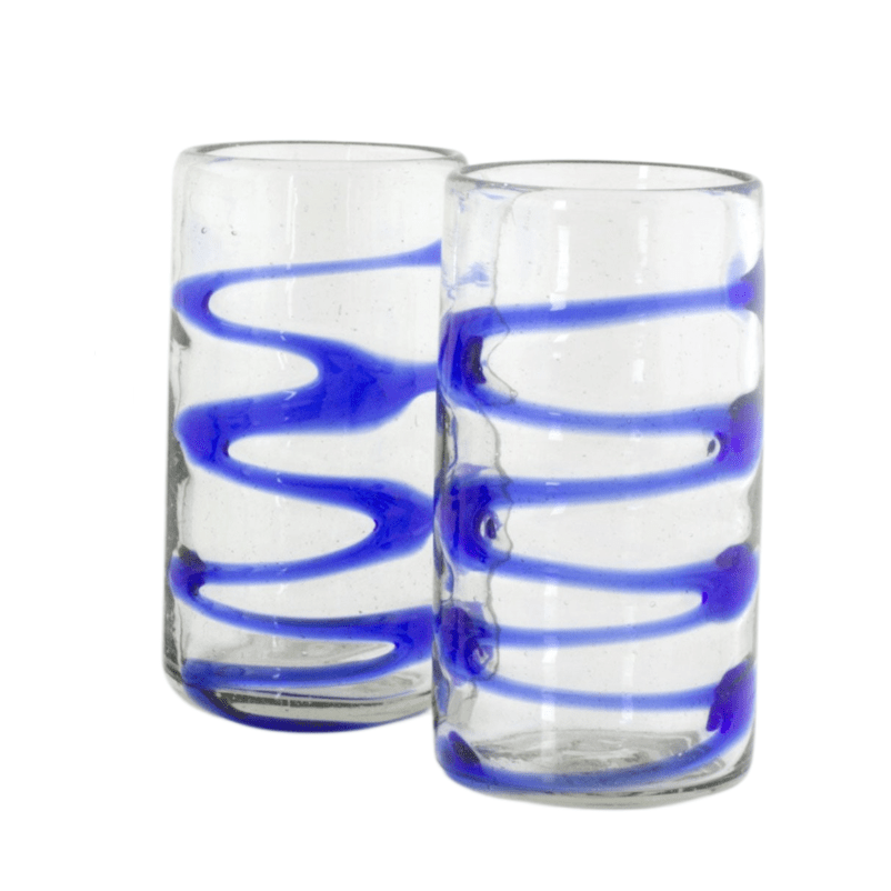 Set of 2 - 11 oz Tumbler Glasses Hand Blown Glass Art - Blue Ripple