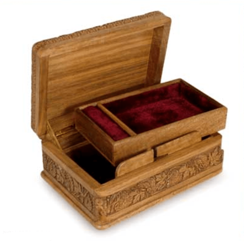 Hand Carved Wood Jewelry Box - Secret Birds