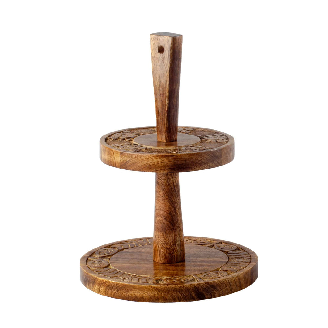 Wood Carved Two Tier Round Tray