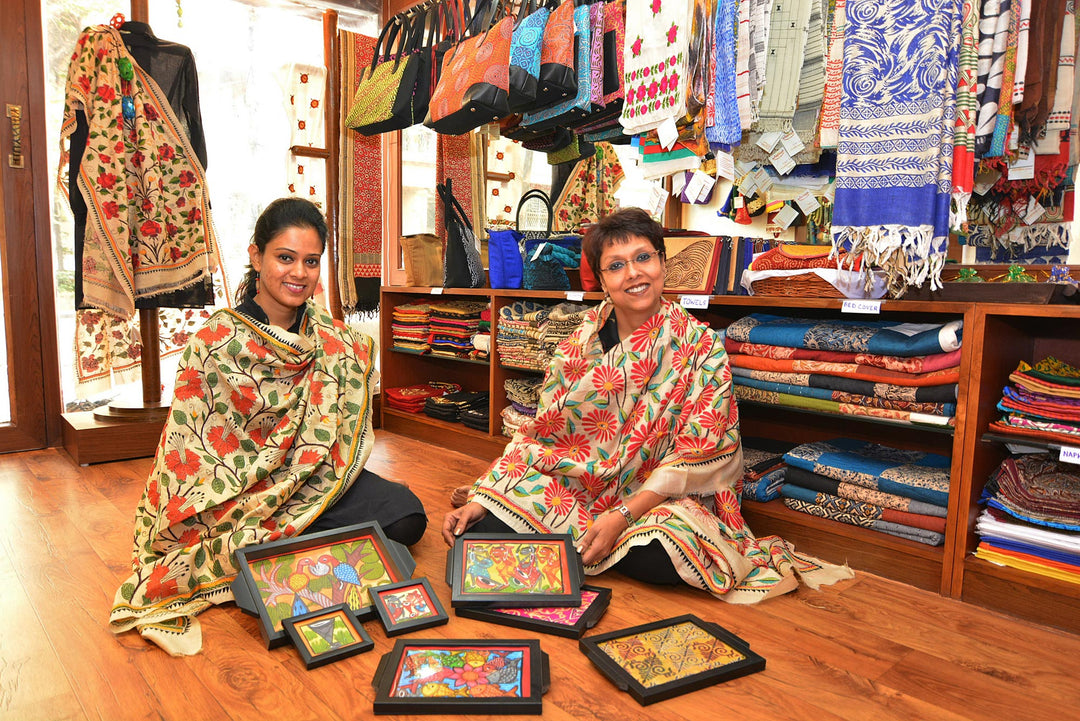Hand Block Printed 100% Tussar Silk Shawl from India - Kolkata Joy