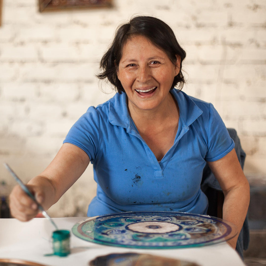 Fair Trade Reverse Painted Glass Wall Mirror in Aged Blue - Blue Colonial Wreath