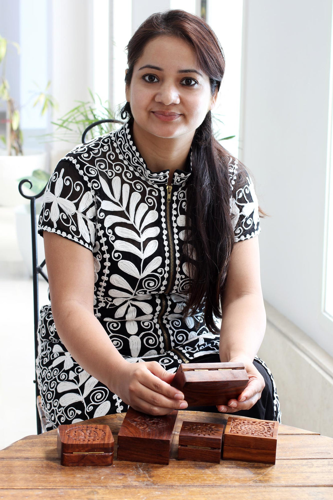 Handcrafted Floral Mango Wood Decorative Box from India - Blossoming Rhombus