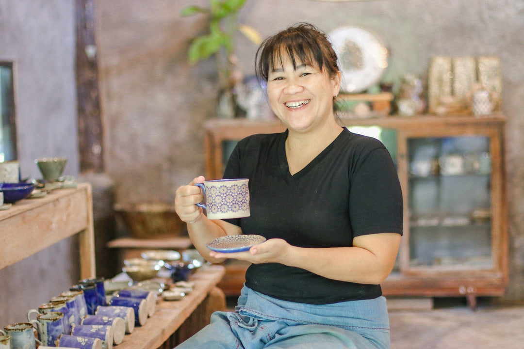 Celadon Ceramic Elephant Mug in Blue from Thailand (10 oz.) - Elephant Handle in Blue