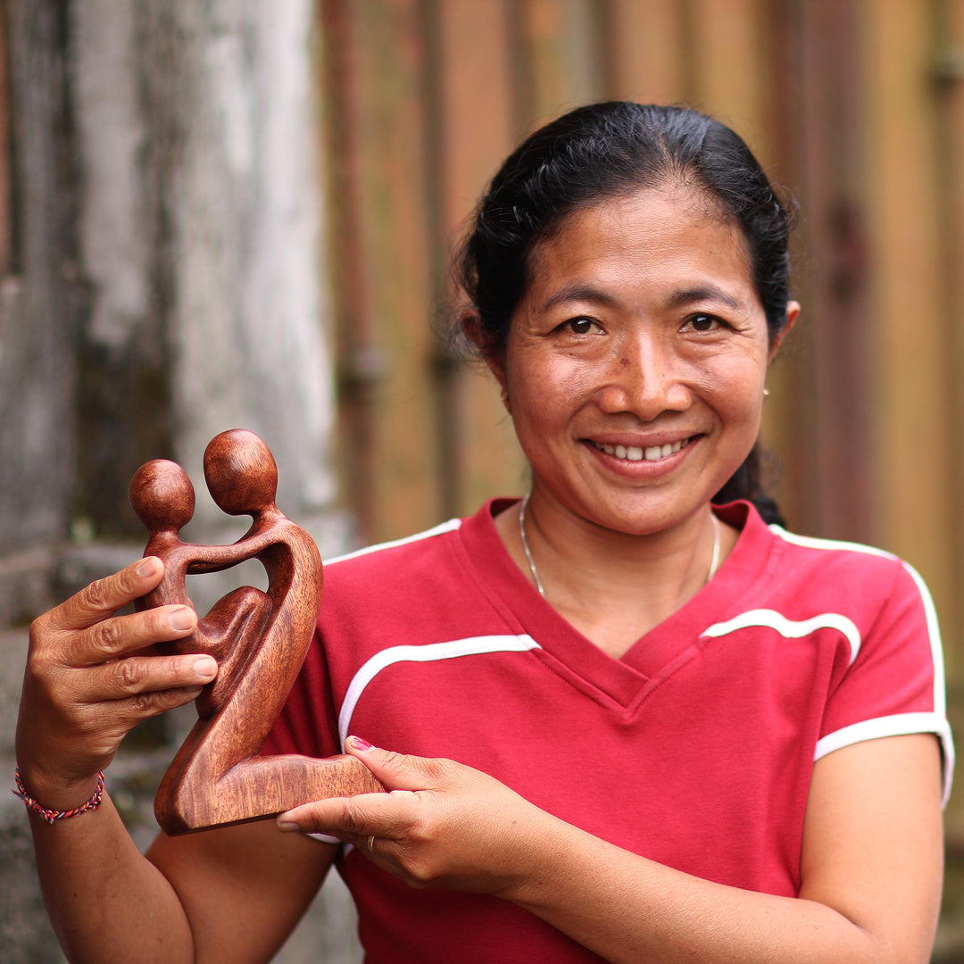 Suar Wood Father and Child Sculpture from Bali - Playful Father