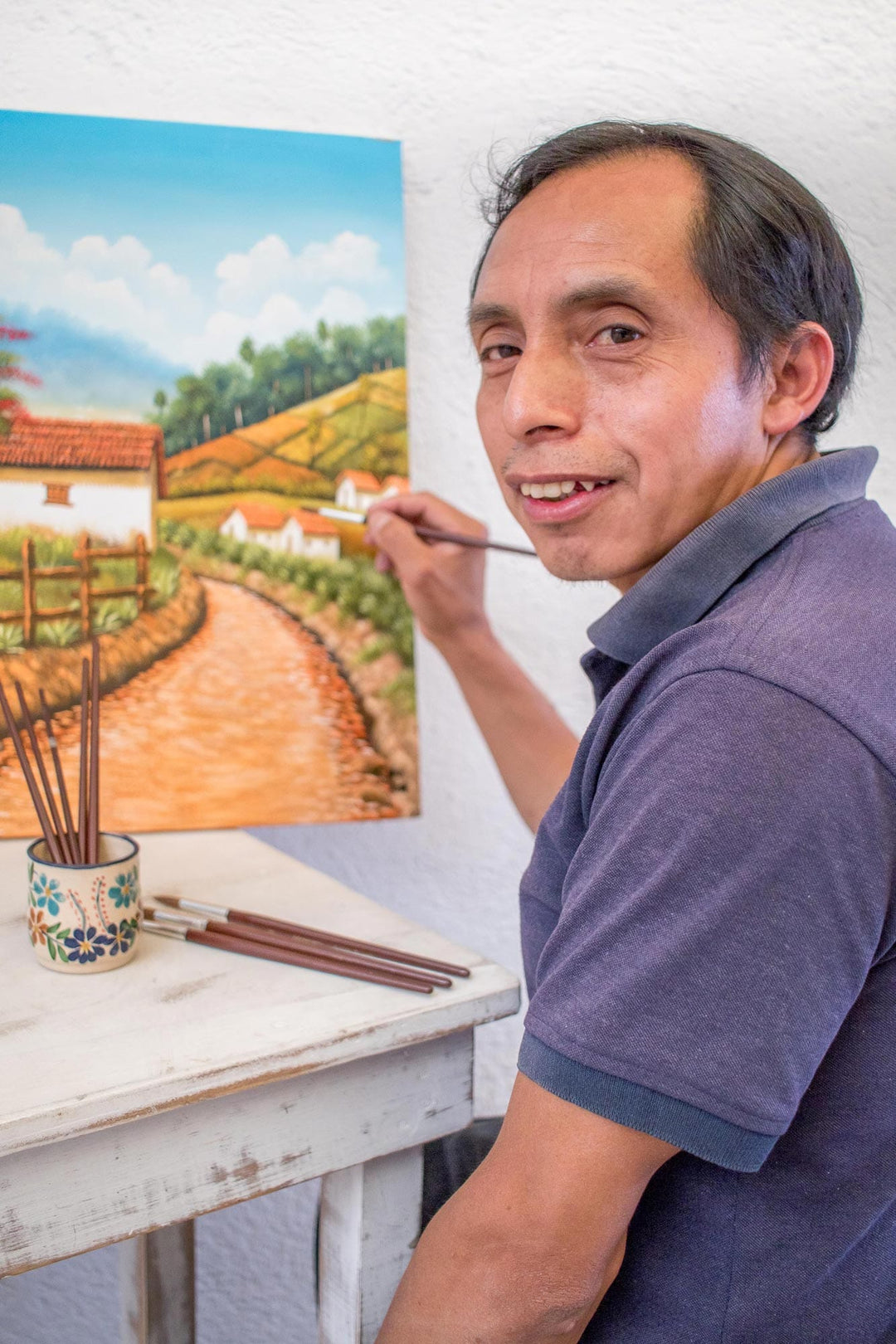 Pinewood Keychain with Hand-Painted Guatemalan Woman Motif - San Juan Comalapa Charm