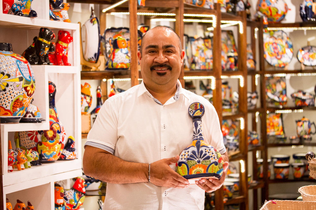 Hand-Painted Ceramic Duck Flower Pot from Mexico - Feeding Duck