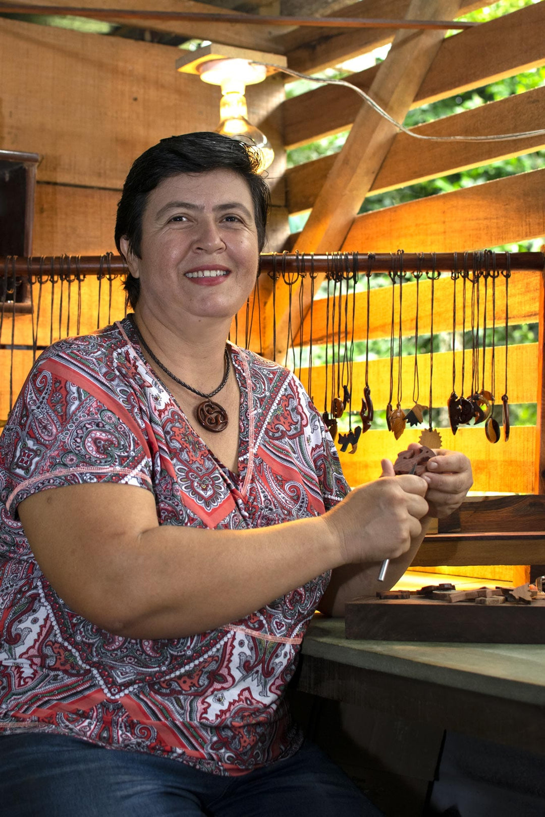 Swirl Pattern Jobillo Wood Pendant Necklace from Costa Rica - Jobillo Swirl Figure