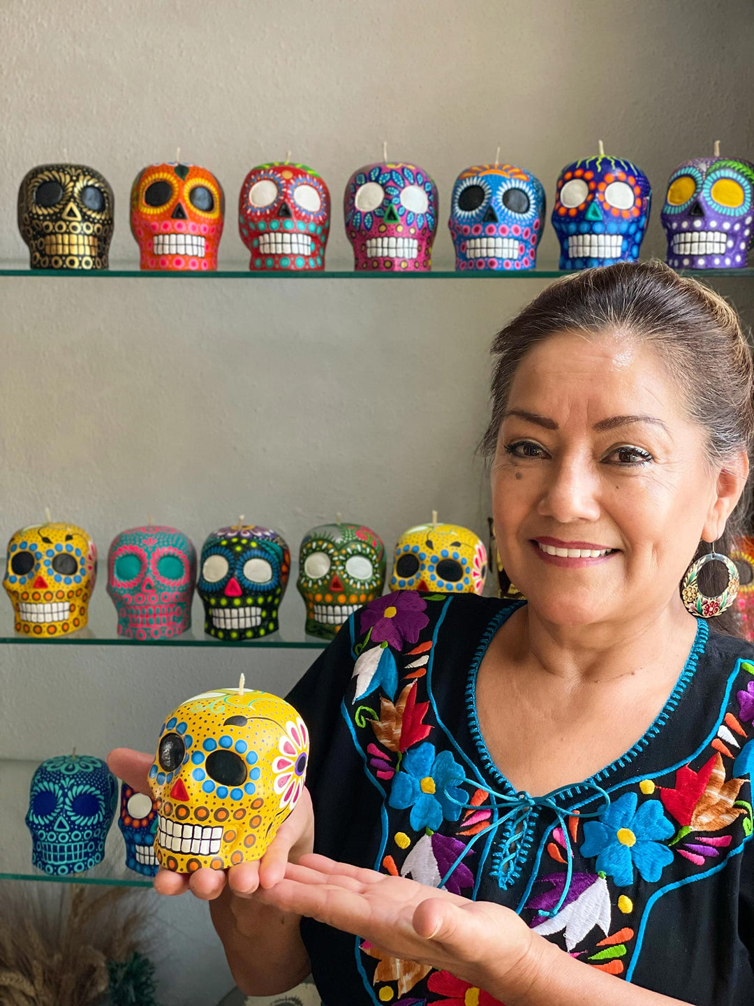 Hand Painted Mexican Day of the Dead Purple Skull Candle - Colorful Purple Skull