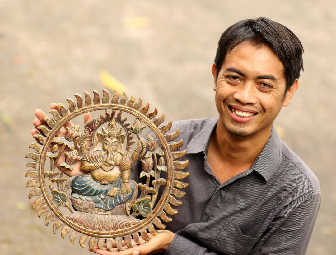 Hand Painted Suar Wood Relief Panel from Bali - Rounded Ong-Kara
