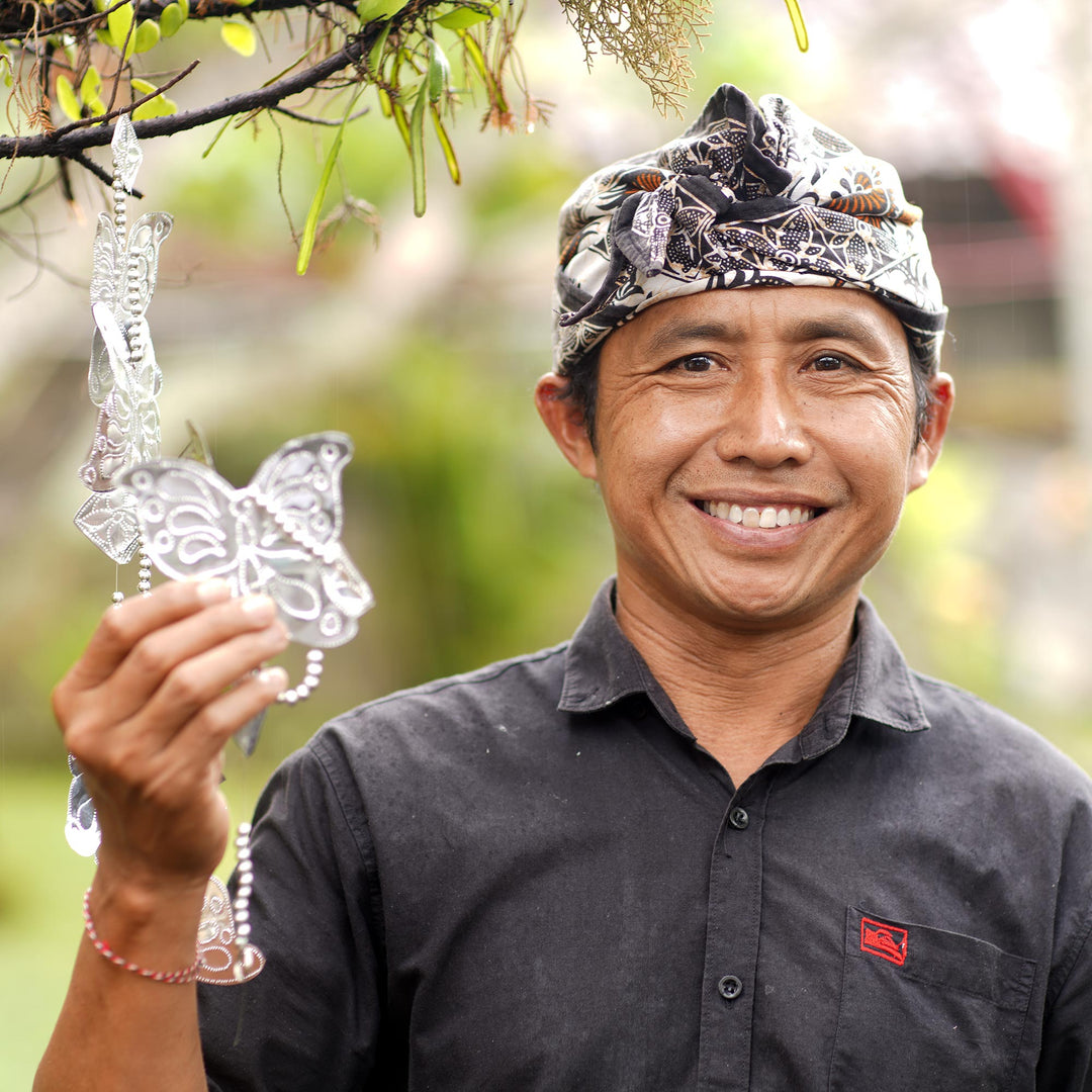 Set of 5 Embossed Aluminum Bell Ornaments from Bali - Celebration Bells