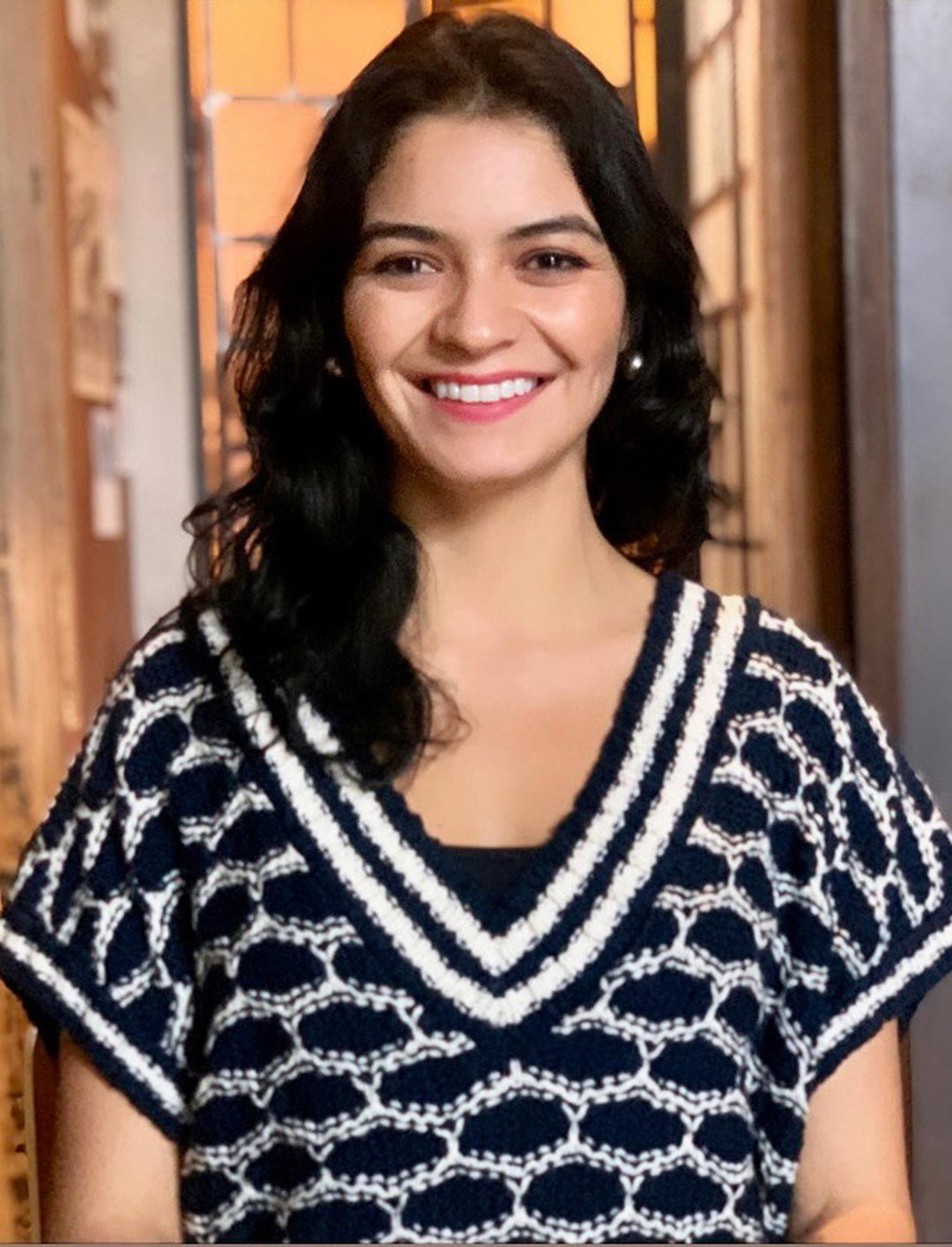 Men's Navy and Ecru Cotton Sweater with Zigzag Design - Peruvian Zigzag