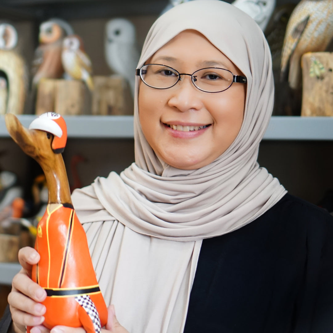 Hand-Carved Hand-Painted Wood Bird Statuette with Teak Base - Adorable Waxwing